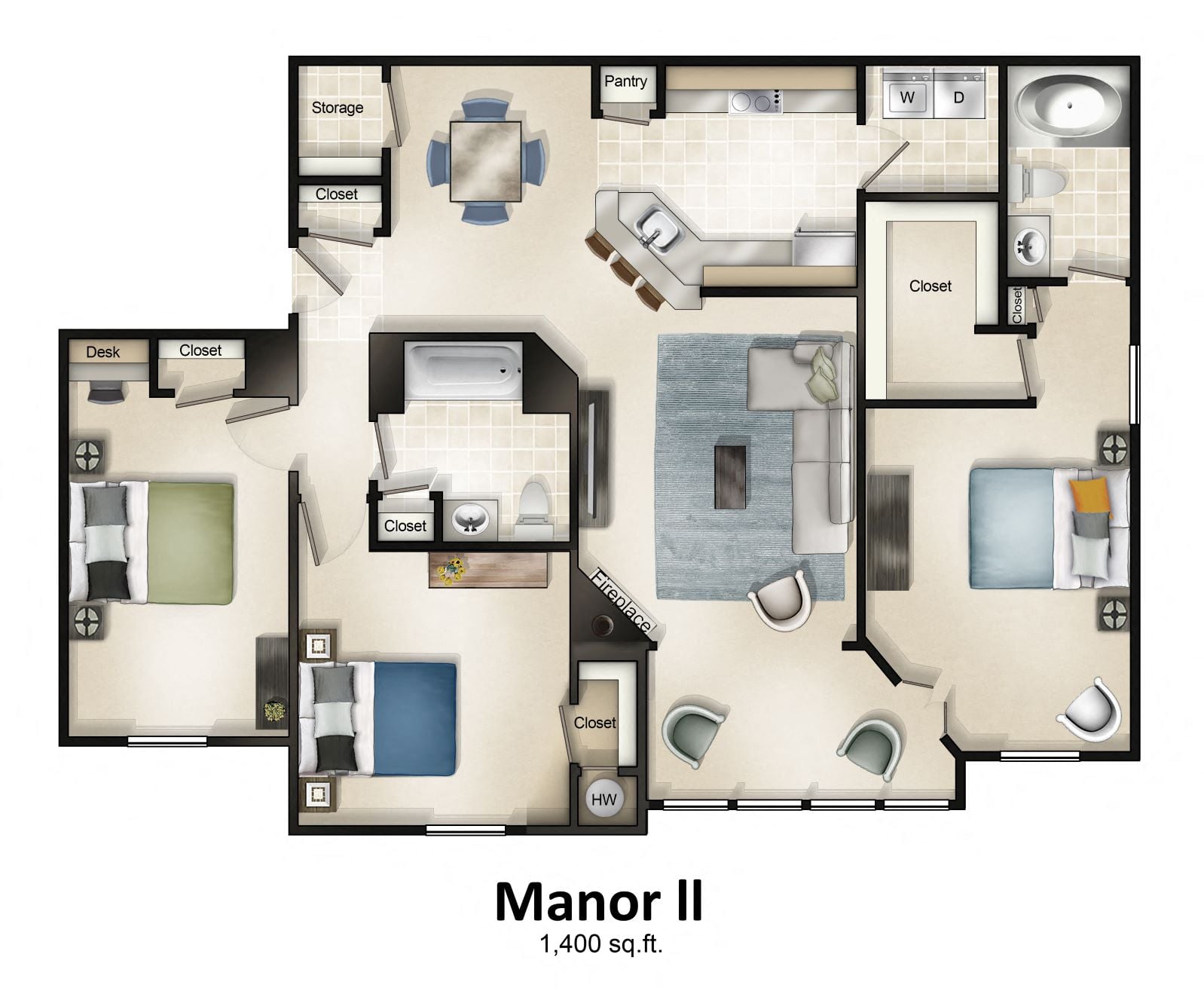 Floor plan for 3 beds, 2 baths, 1400 sqft